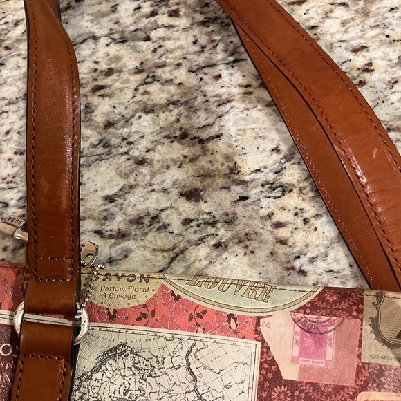 Fossil Vintage Travel Print Satchel Shoulder Bag Brown Leather Handles Cream - Picture 16 of 16